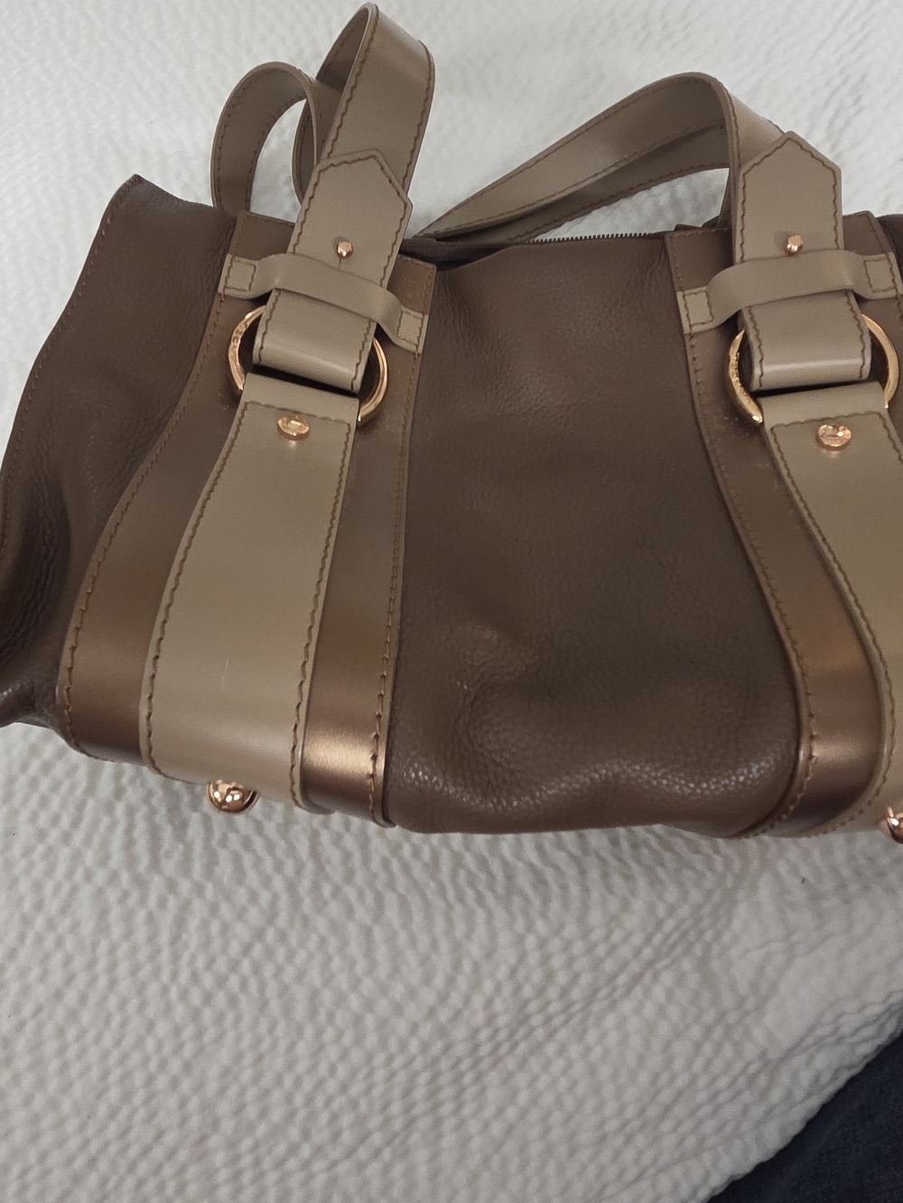 Two-Tone Taupe & Beige Shoulder Bag with Gold Hardware